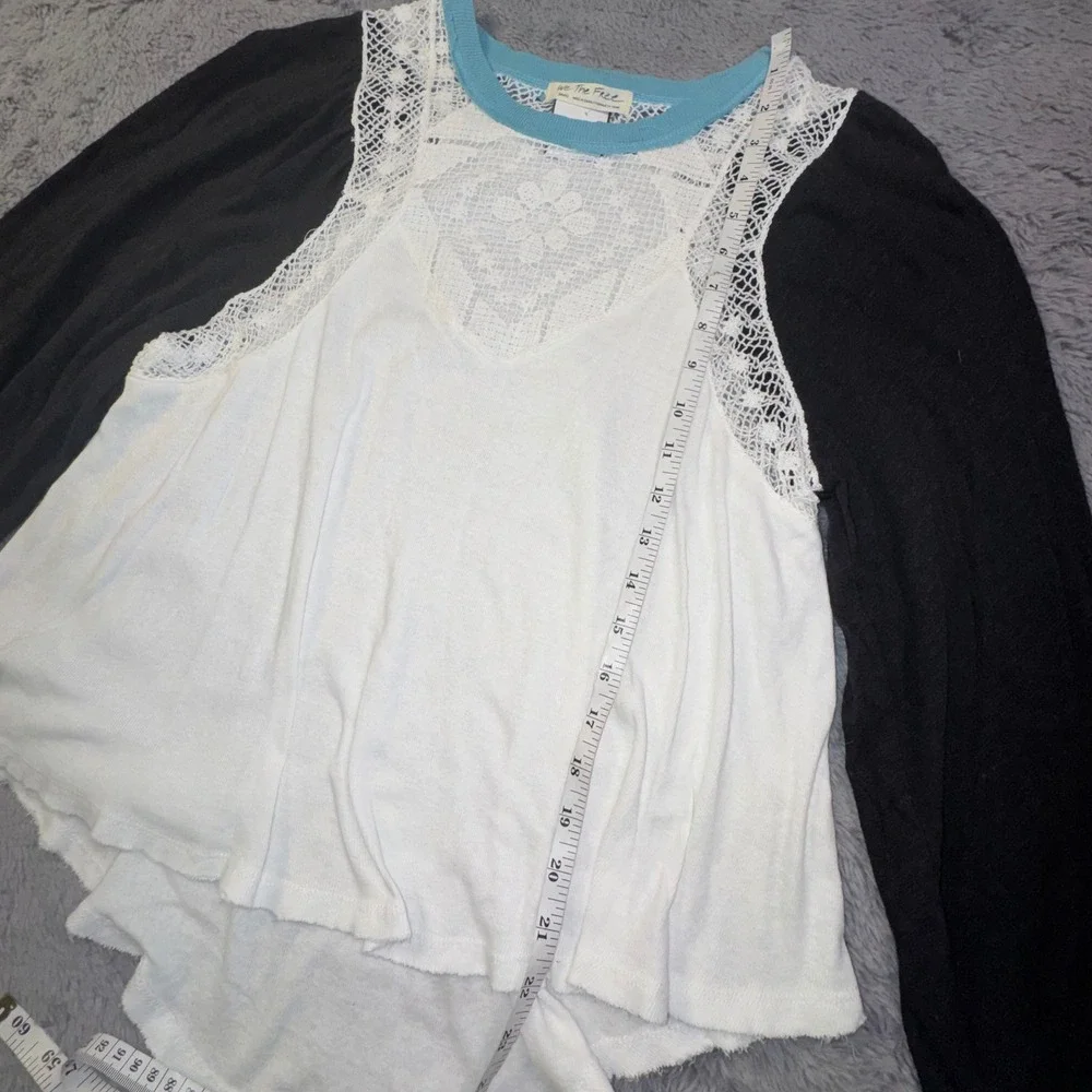 We The Free People Boho Lace Yoke Linen Swing Top Puff Sleeve Shirt Womens Small